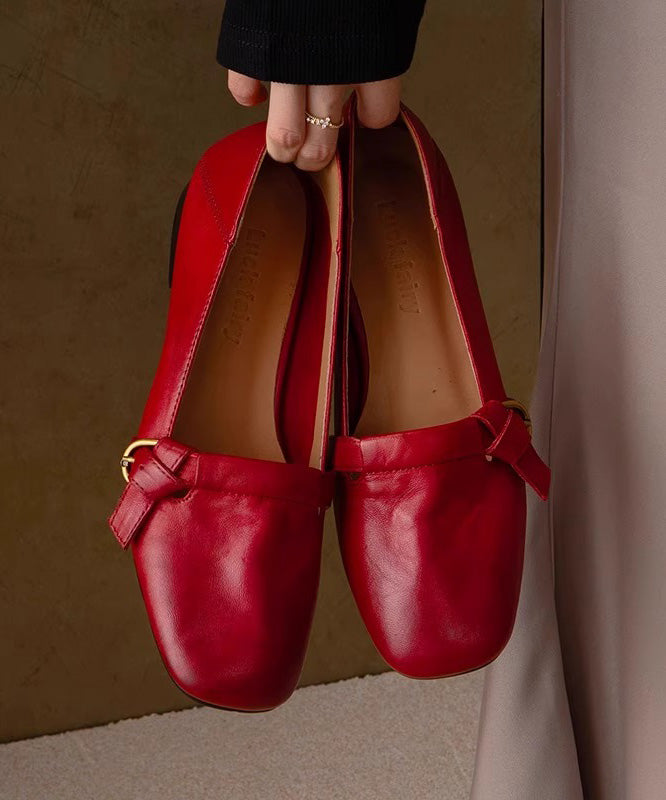 Red Chunky Shoes Cowhide Leather Comfy Splicing