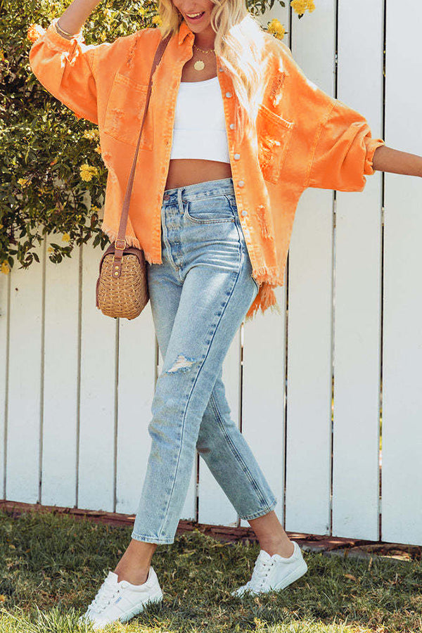 Lapel Long Sleeve Ripped Denim Jacket
