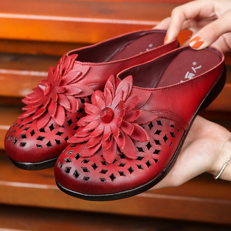 Hollow Leather Floral Casual Slippers