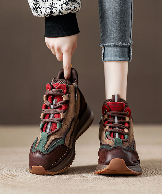 Green Lace Up Boots Splicing Platform Cowhide Leather