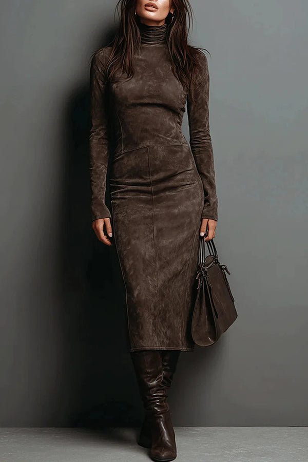 High-neck Long-sleeved Slim-fit Midi Dress