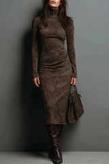 High-neck Long-sleeved Slim-fit Midi Dress