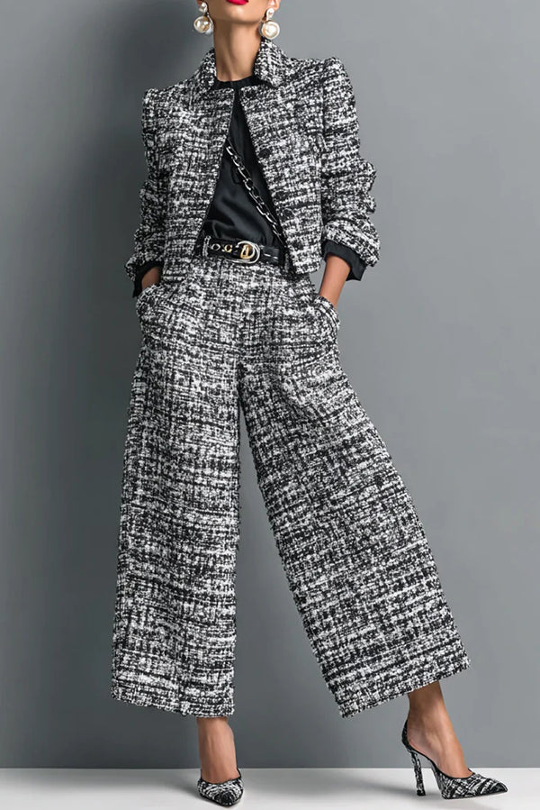 Long-sleeved Single-breasted Short Jacket and Casual Pocket Wide-leg Pants Sets