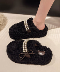 White Faux Fur Slippers Shoes Splicing Nail Bead