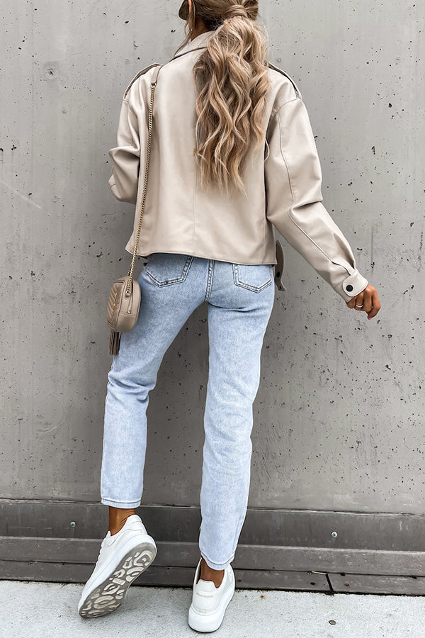 Leather Lapel Pocket British Style Cropped Jacket
