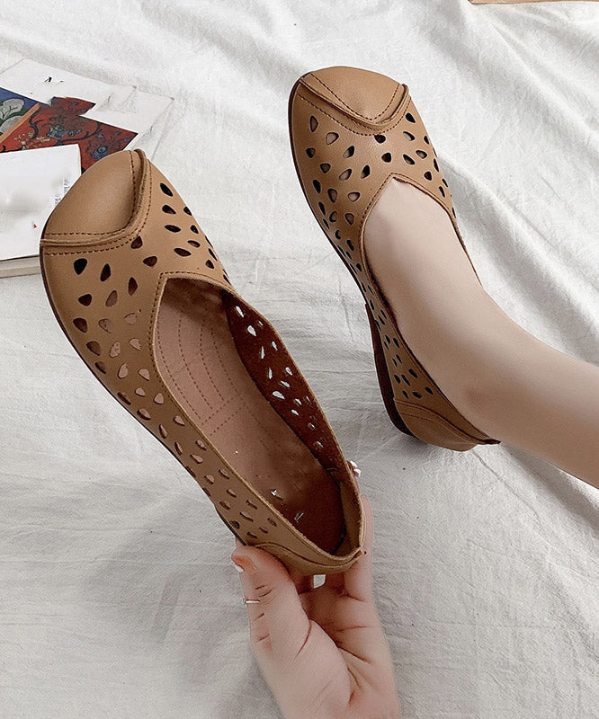 Brown Cowhide Flat Feet Shoes Hollow Out Flat Shoes