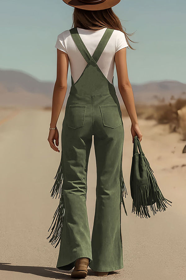 Suede Tassel Button Pocket Casual Wide-leg Overalls