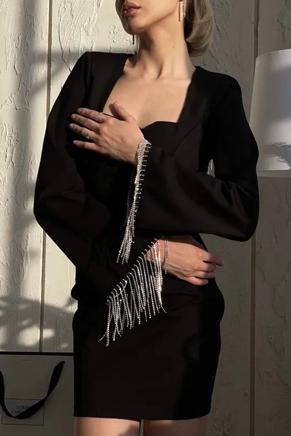 Fringed Square Neck Bell Sleeves Hollow Back Mini Dress