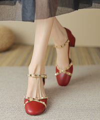 Wine Red Rivet Buckle Strap Cowhide Leather Sandals