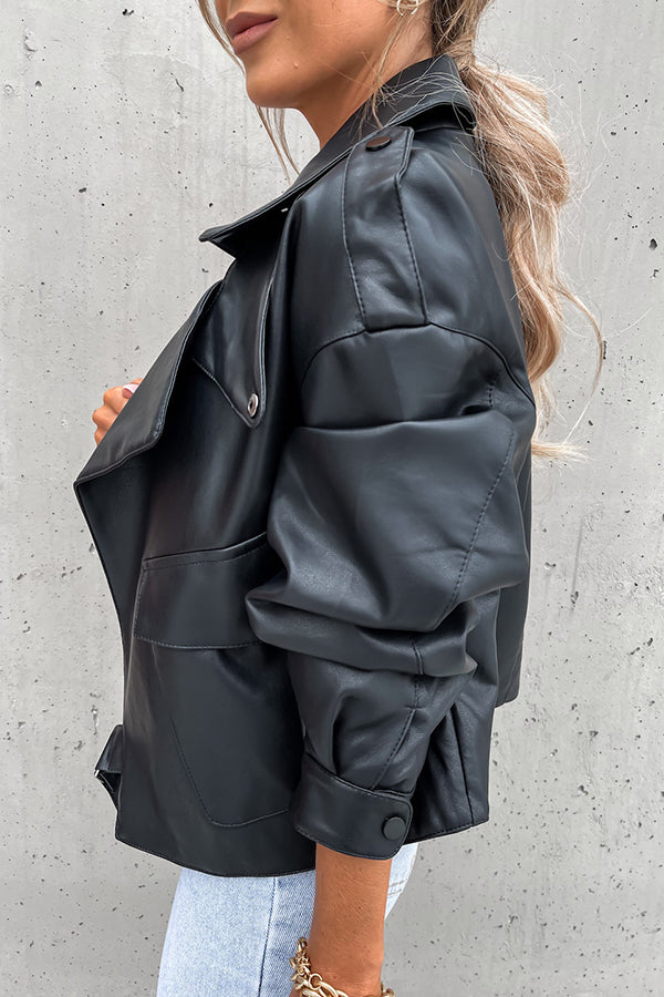 Leather Lapel Pocket British Style Cropped Jacket