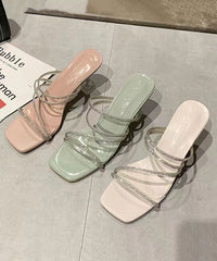 Green Splicing High Heel Slippers Zircon Peep Toe