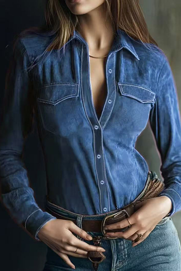 Suede Long-sleeved Button-down Casual Shirt