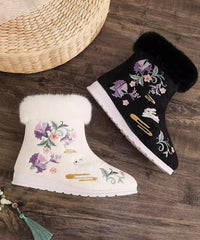 White Cotton Fabric Embroidery Splicing Boots