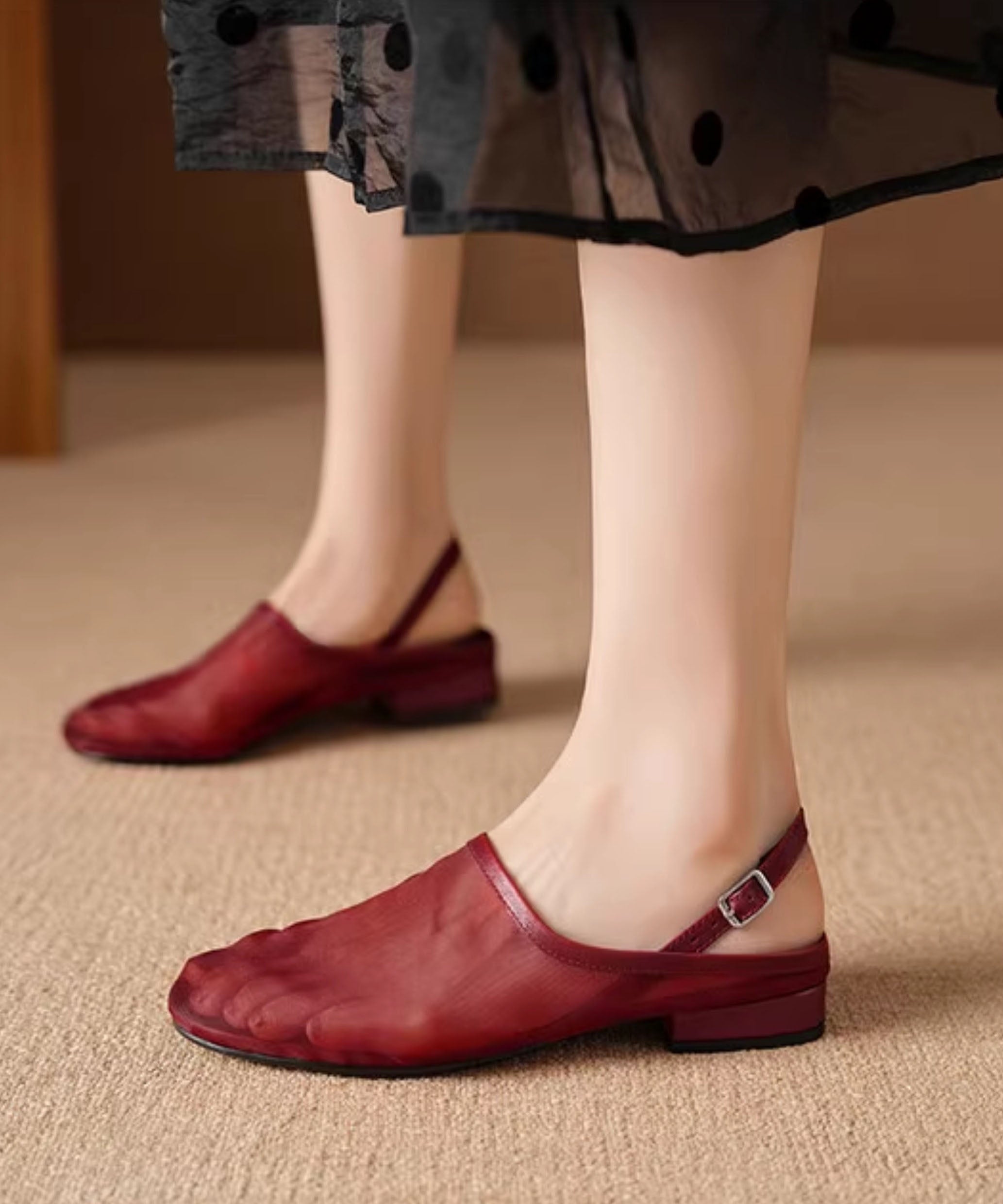 Red Cowhide Leather Tulle Splicing Walking Sandals