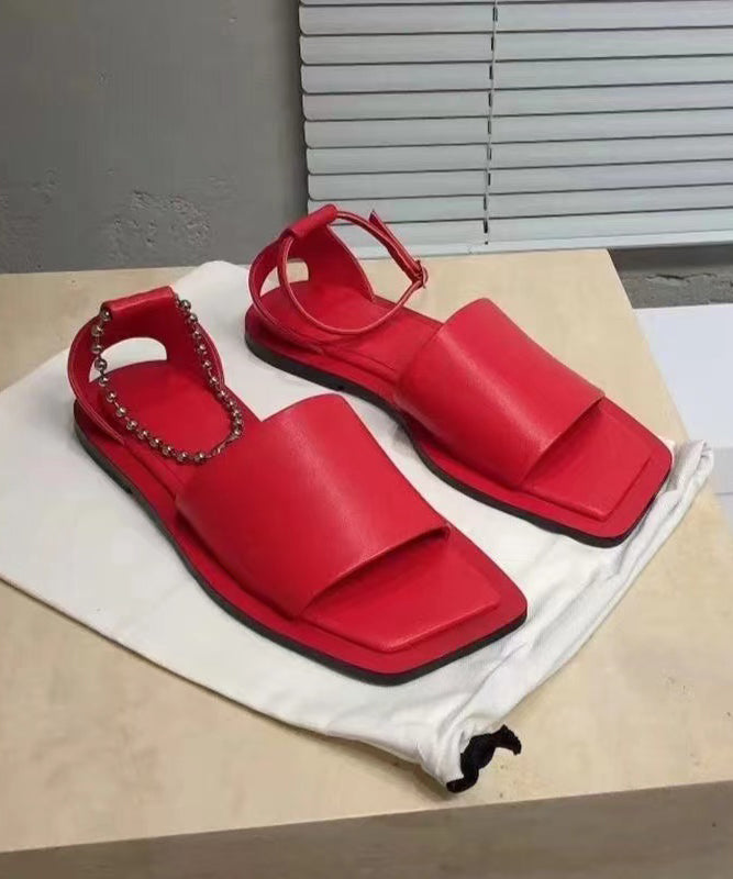 Red Faux Leather Flat Sandals Peep Toe Buckle Strap