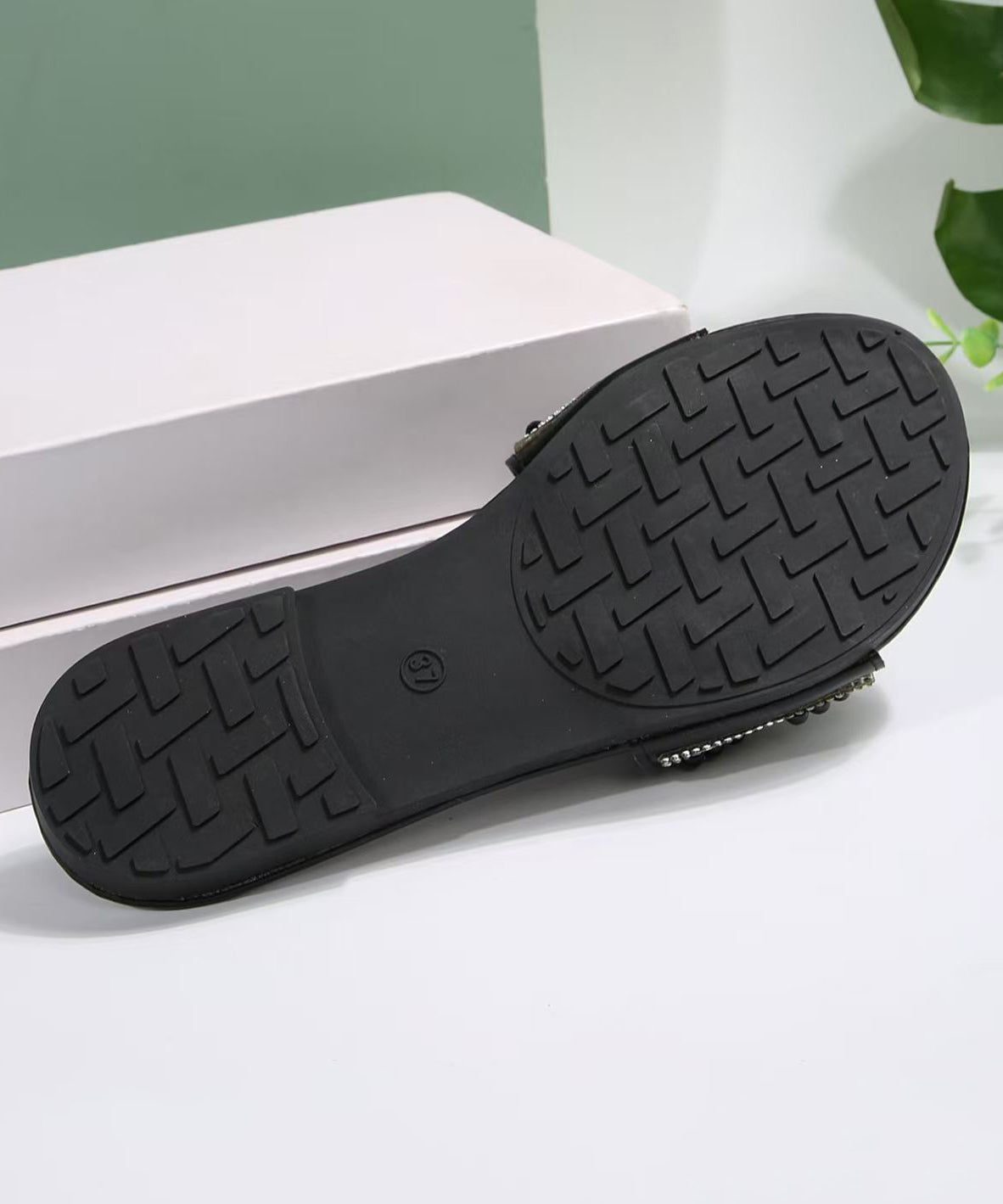 Beautiful Zircon Splicing Black Faux Leather Slide Sandals