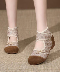 Beige Breathable Mesh Embroidered Buckle Strap Splicing Flat Shoes
