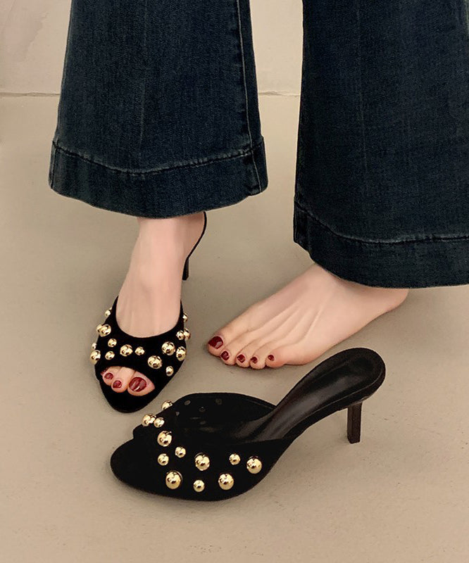 Black Suede Unique Rivet Splicing High Heel Slide Sandals