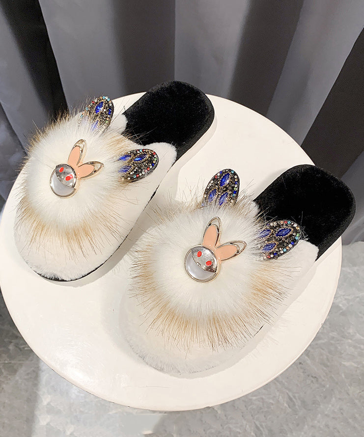 Splicing Slippers Shoes Khaki Fuzzy Fur Zircon