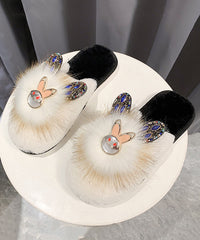 Splicing Slippers Shoes Khaki Fuzzy Fur Zircon
