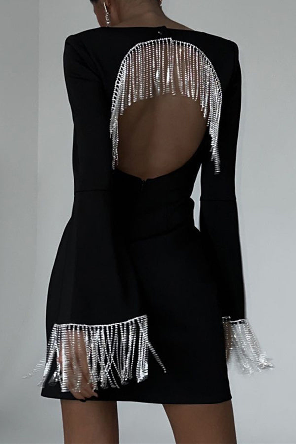 Fringed Square Neck Bell Sleeves Hollow Back Mini Dress