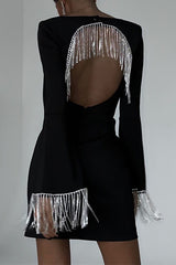 Fringed Square Neck Bell Sleeves Hollow Back Mini Dress