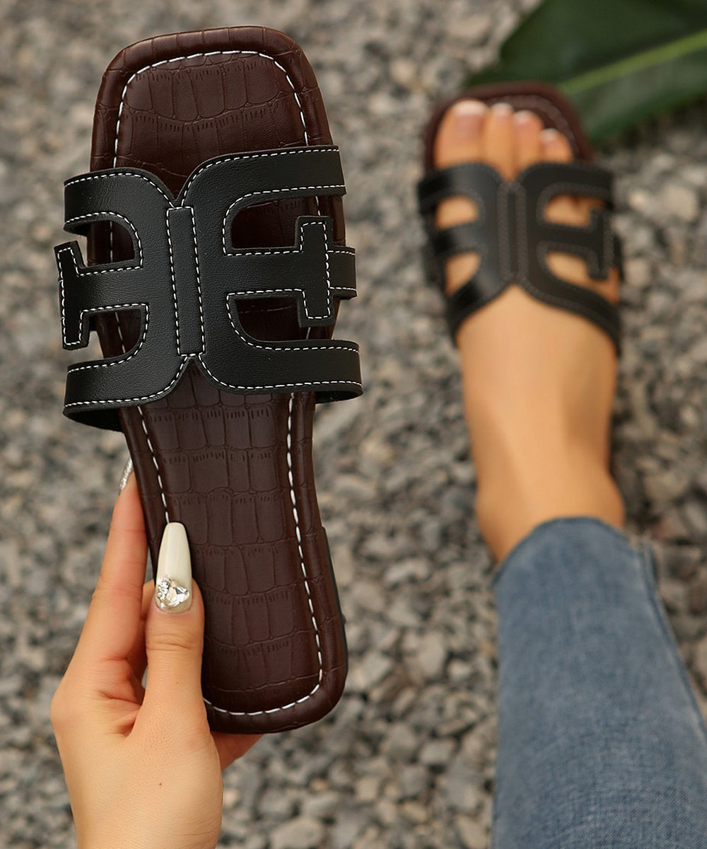 Boho Splicing Black Faux Leather Slide Sandals Peep Toe