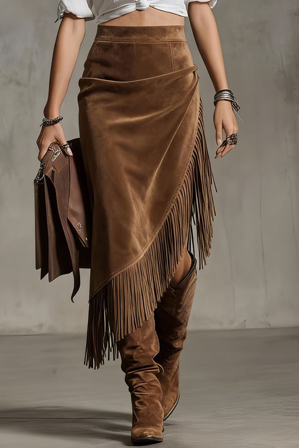 Suede Tassel Irregular Casual Midi Skirt