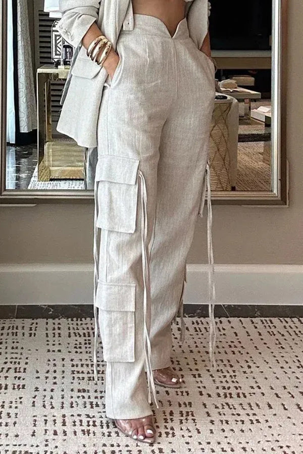 Lapel Long Sleeve Loose Jacket and Casual Pocket Lace-up Straight Leg Pants Set