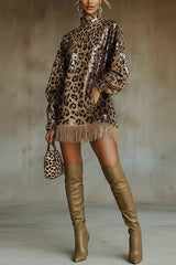 Leopard Print Sequined Turtleneck Long-sleeved Tassel Hem Loose Mini Dress