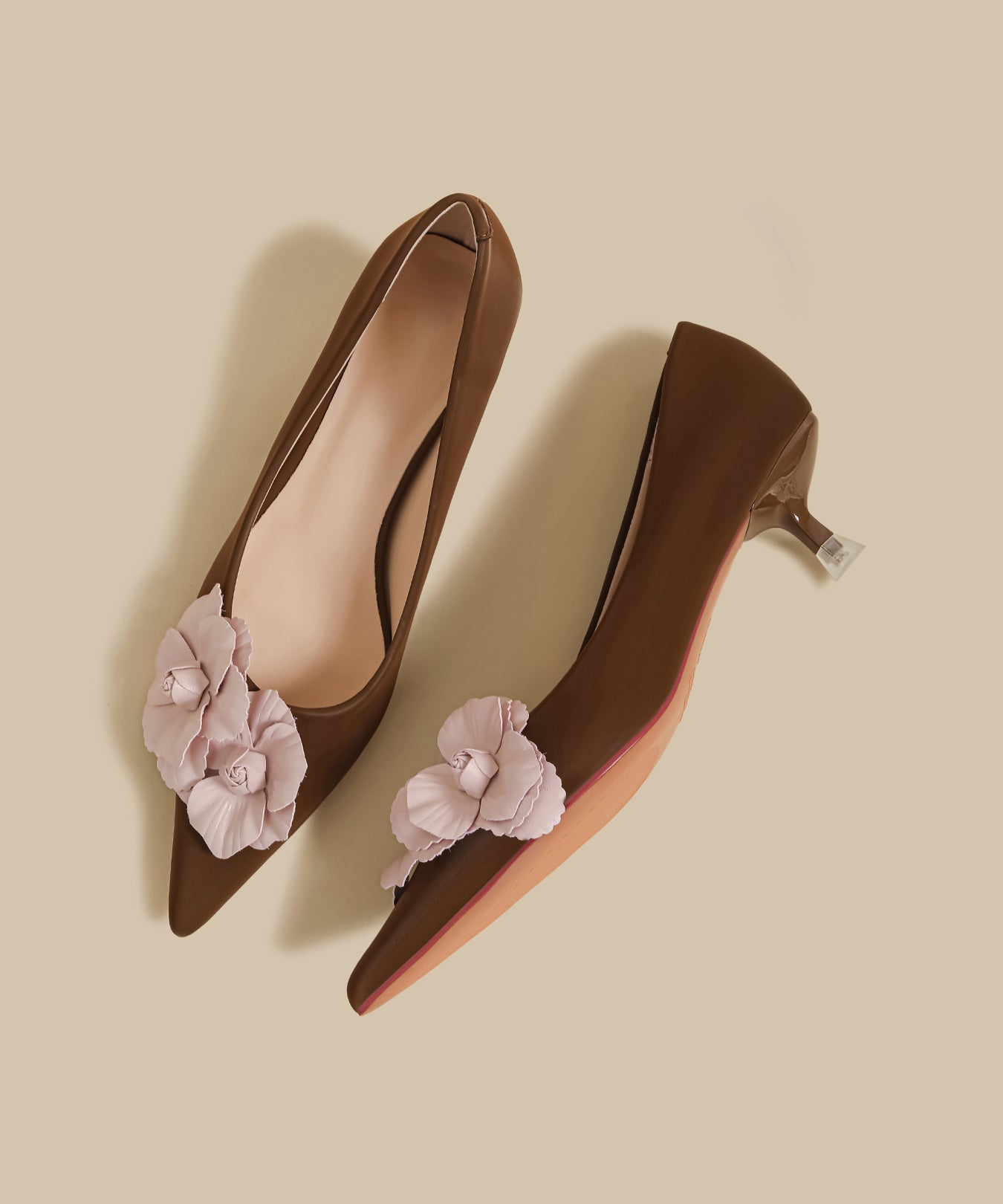 Mulberry Faux Leather Splicing High Heel Shoes Floral Pointed Toe