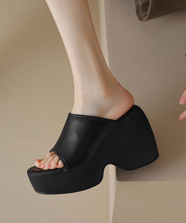 New Beige High Wedge Heels Slide Sandals Peep Toe