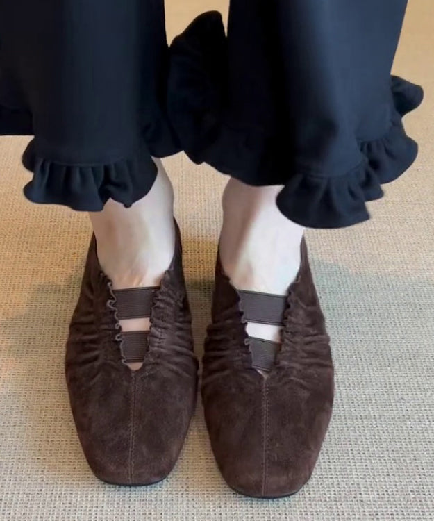 Brown Suede Wrinkled Splicing Flat Shoes For Women