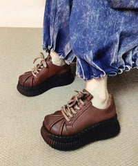 Black Lace Up Splicing Cowhide Leather Platform Shoes