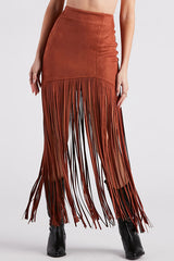 Tassel Hem Slim-fit Suede Casual Midi Skirt