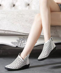 White Ankle Boots Wedge Cowhide Leather Splicing Hollow Out