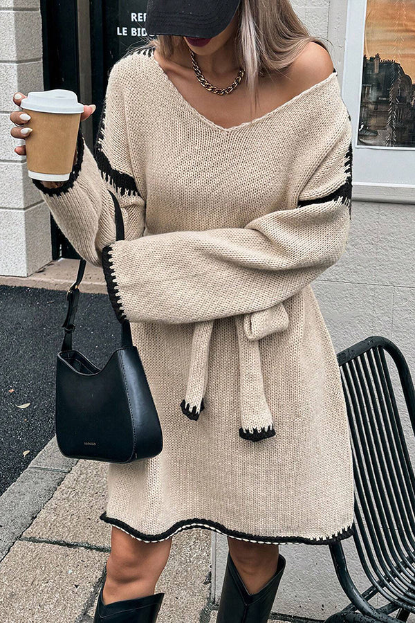Loose-fitting Long-sleeved Tie-waist Knit Mini Dress