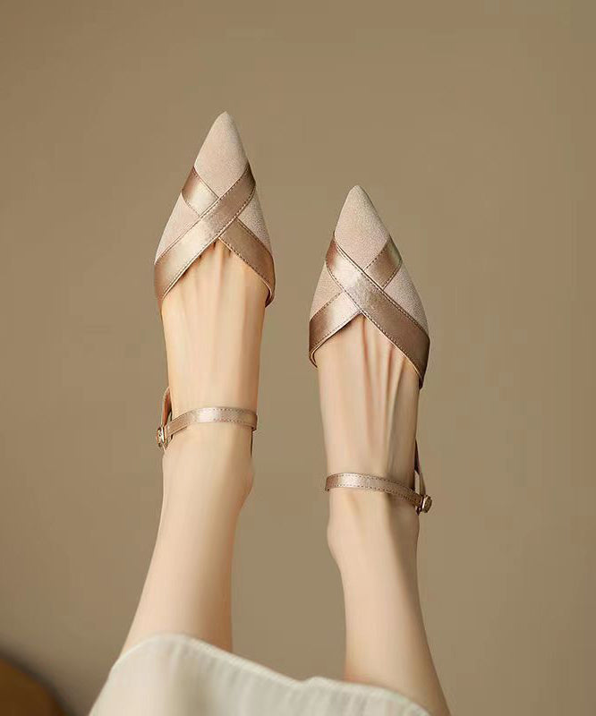 Apricot Sandals Suede Splicing Pointed Toe Buckle Strap