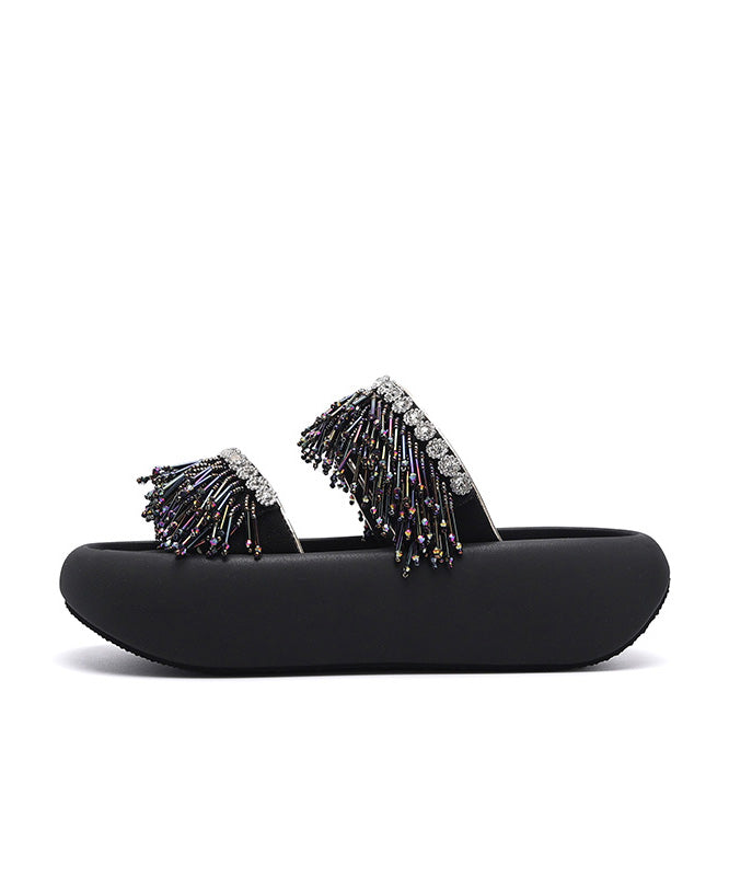 Black Tassel Splicing Platform Slide Sandals Peep Toe