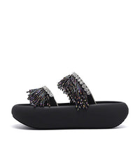 Black Tassel Splicing Platform Slide Sandals Peep Toe
