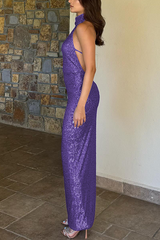 Sleeveless Backless Sequined Fitted Maxi Dress