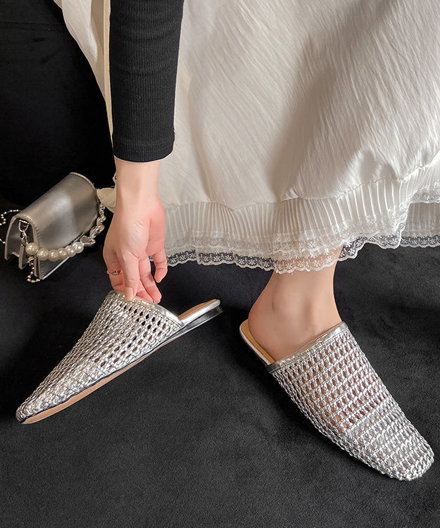 White Faux Leather Boutique Hollow Out Weave Slide Sandals