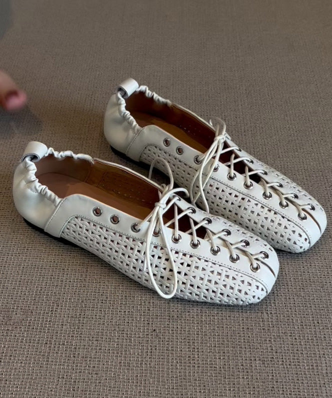 White Cowhide Leather Stylish Splicing Flat Feet Shoes Cross Strap