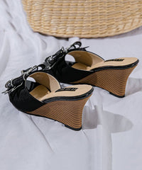 Stylish Splicing Wedge Heels Slide Sandals Black Bow Peep Toe