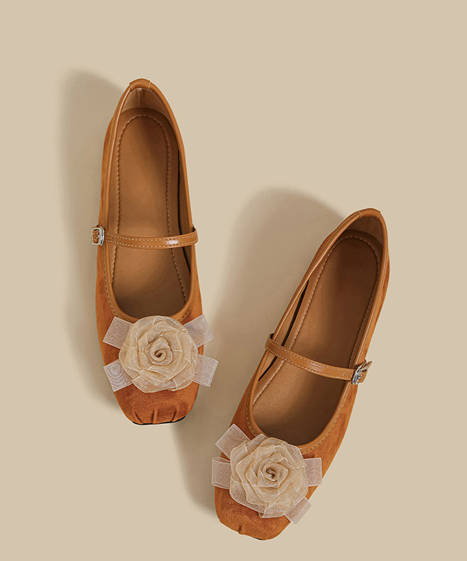 DIY Floral Buckle Strap Splicing Flat Feet Shoes Black Suede