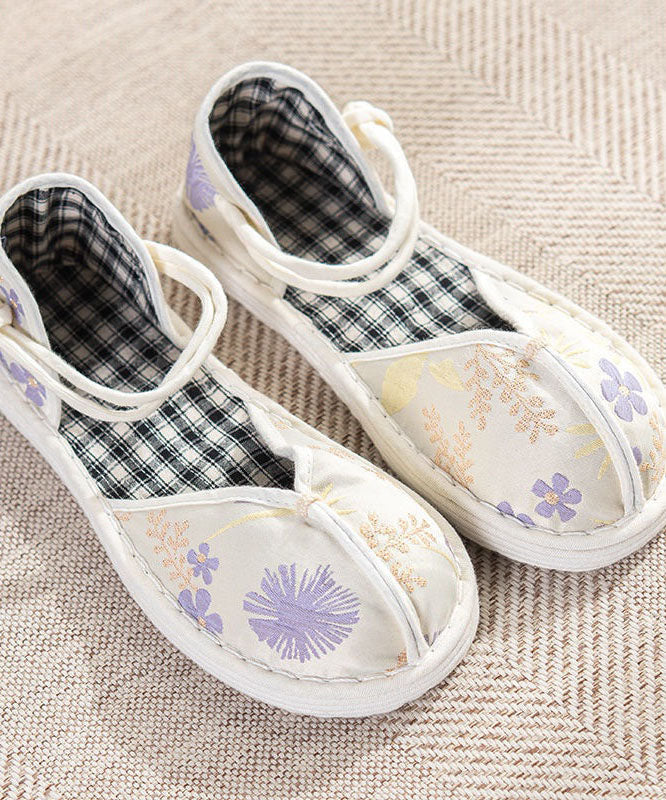 Green Flat Shoes For Cotton Fabric Splicing Buckle Strap Embroidery