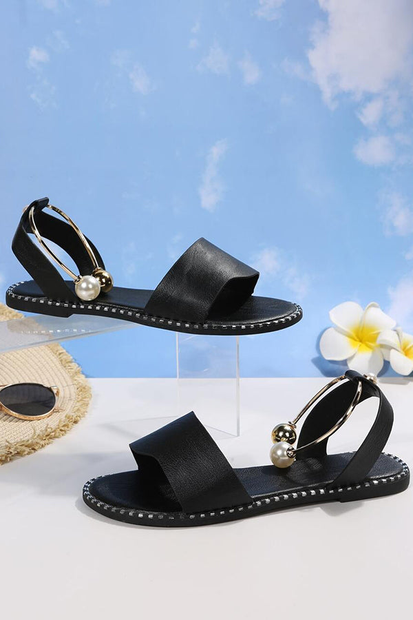 Simple Flat Bottom Pearl Buckle Roman Sandals