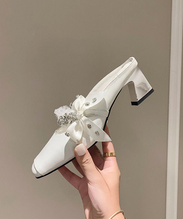 Stylish White Splicing Chunky Bow Zircon Slide Sandals