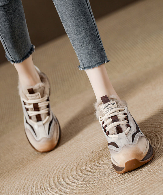 Splicing Platform Flat Feet Shoes Red Faux Leather Fuzzy Wool Lined