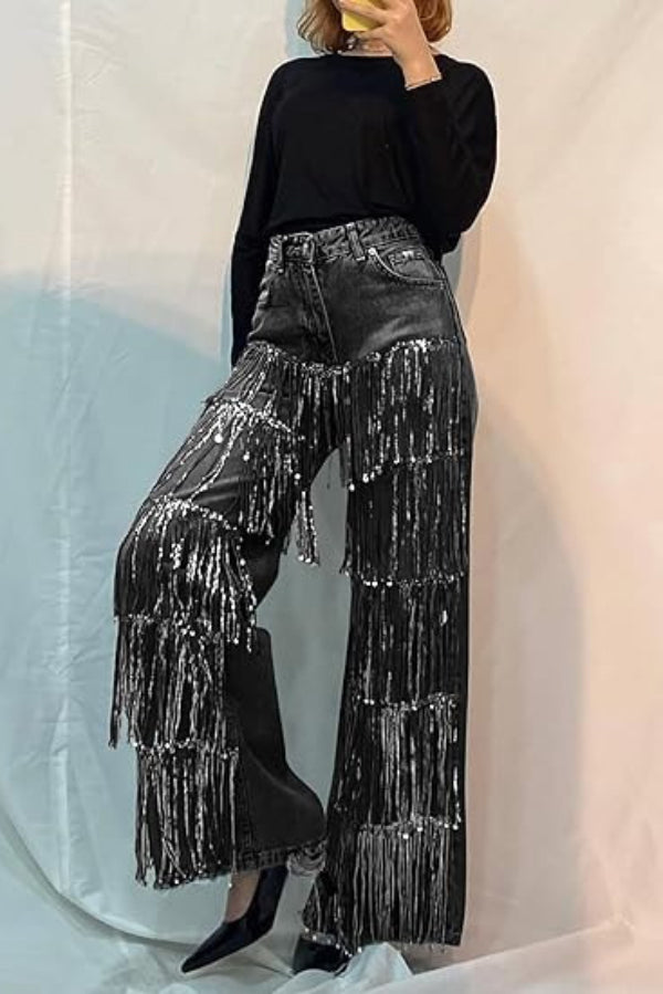 High-waisted Pocket Tassel Casual Straight Leg Jeans